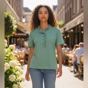 Tory Burch Teal Ruffle Button-Down Shirt - Feminine - Size XL